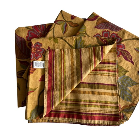 Handcrafted Cotton Napkins Set Of Four Reversible Warm Florals/Stripe 20'x20' - Picture 1 of 11